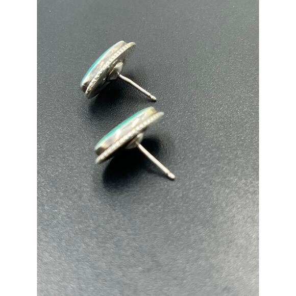 Signed Sterling Silver Turquoise Oval Rope Bezel Post Stud Earrings 17mm - Picture 8 of 14
